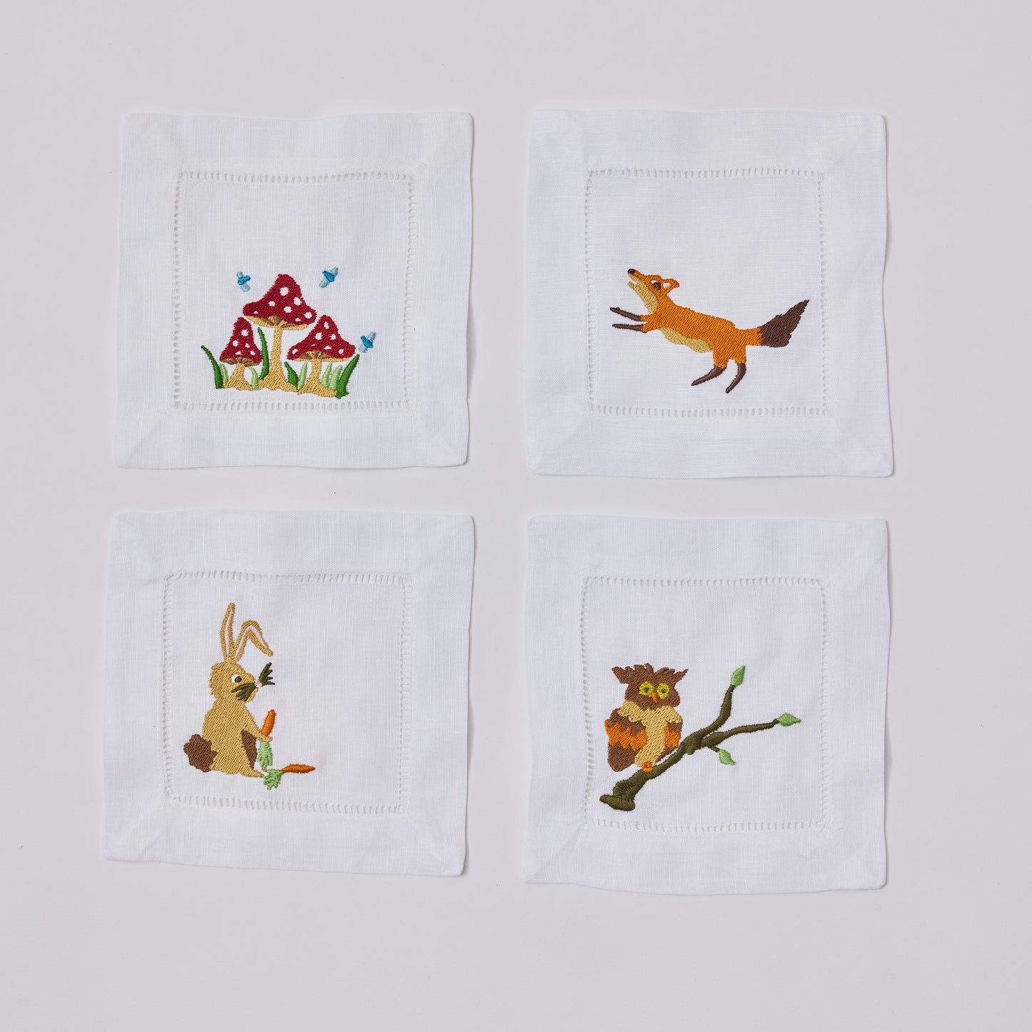 Assorted Woodland Creature Linen Cocktail Napkins, Set of 4