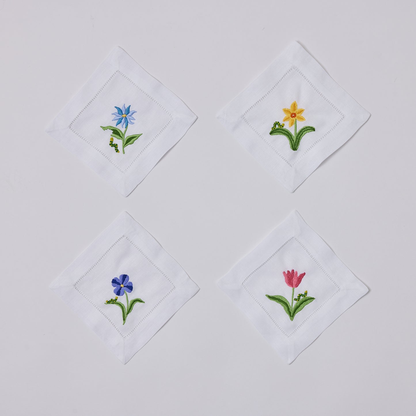 Embroidered Flower & Inch Worm Linen Cocktail Napkins, Set of 4