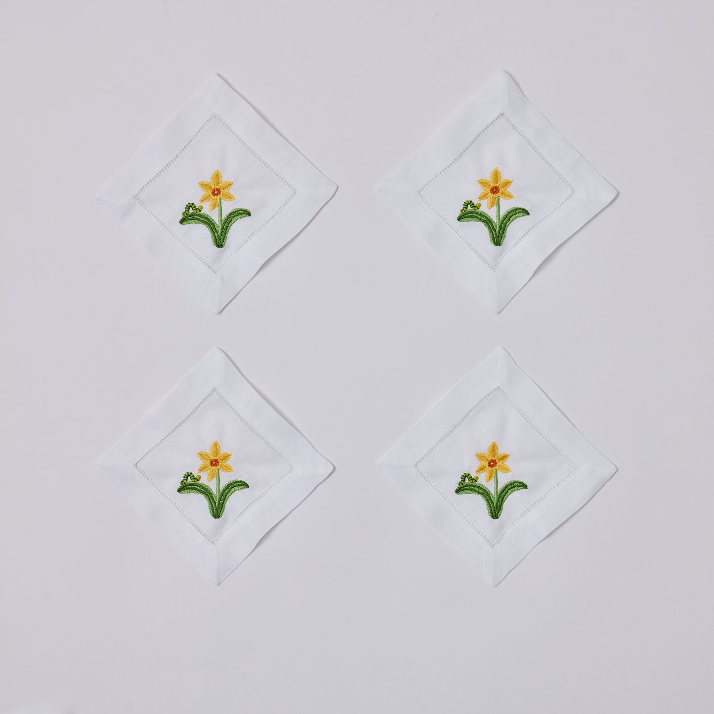 Daffodil & Inch Worm Embroidered Cocktail Napkins, Set of 4