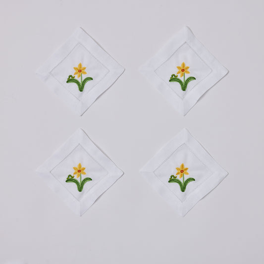 Embroidered Daffodil & Inch Worm Linen Cocktail Napkins, Set of 4