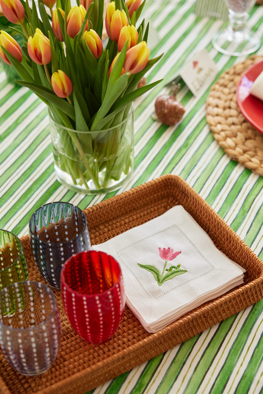 Embroidered Flower & Inch Worm Linen Cocktail Napkins, Set of 4