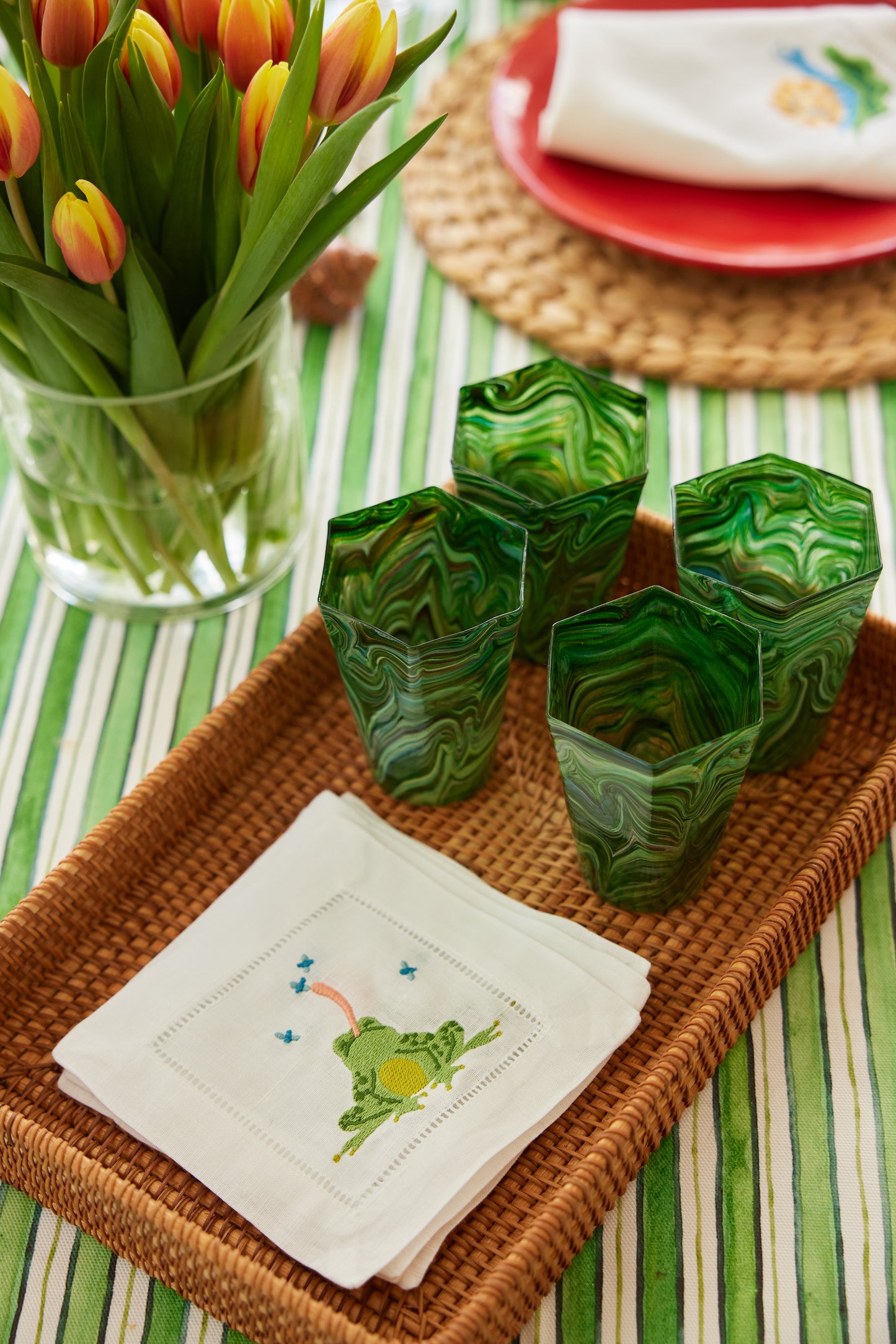 Embroidered Frog Linen Cocktail Napkins, Set of 4