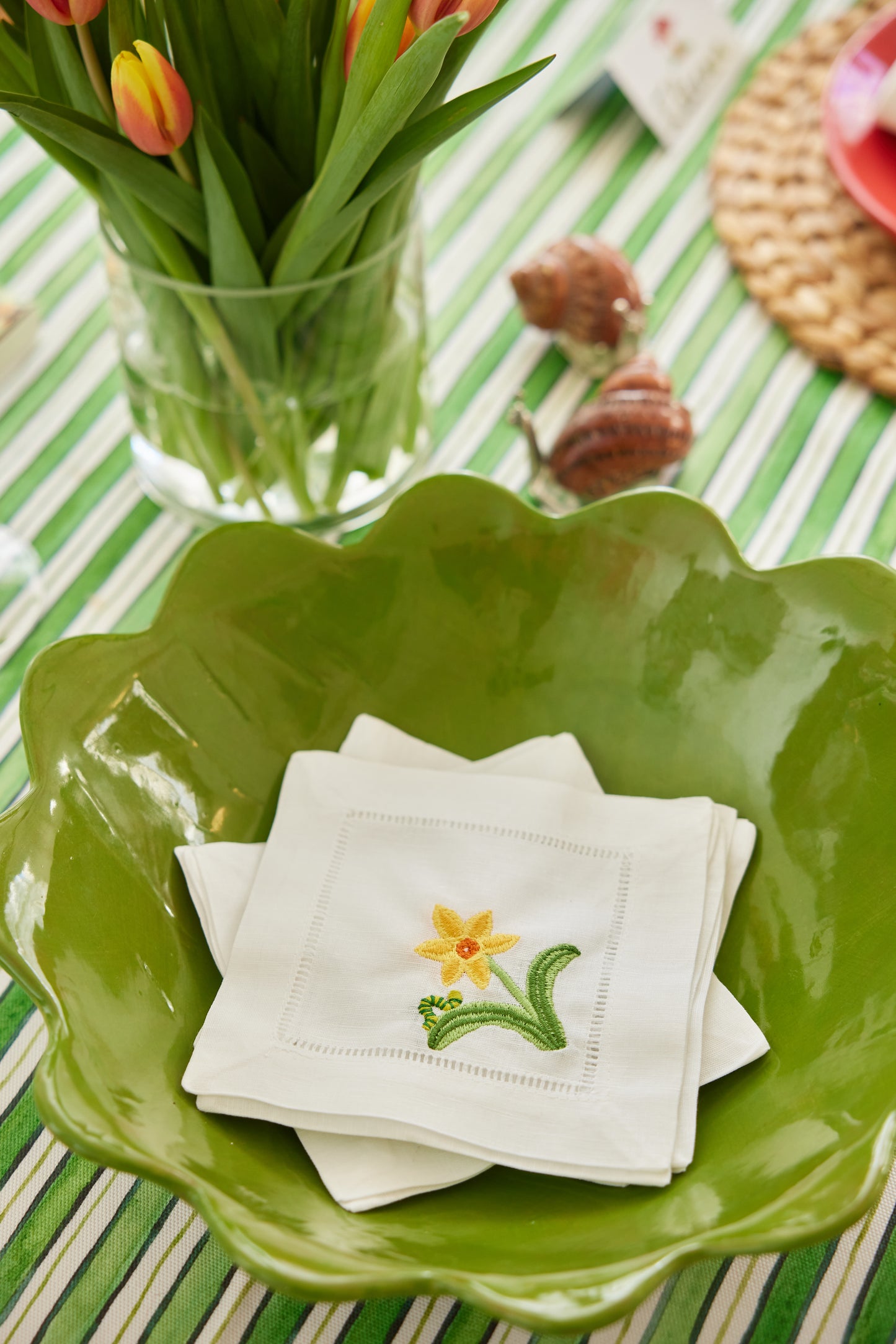 Embroidered Flower & Inch Worm Linen Cocktail Napkins, Set of 4
