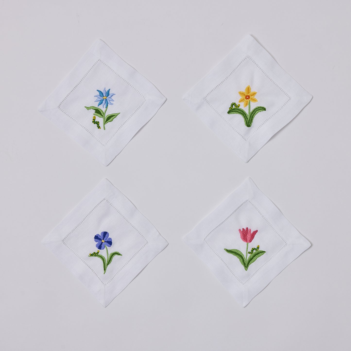 Assorted Flower & Inch Worm Cocktail Napkins, Set of 4