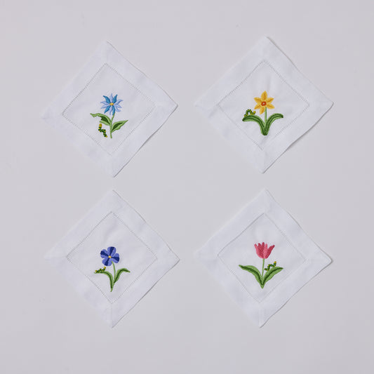 Assorted Flower & Inch Worm Cocktail Napkins, Set of 4