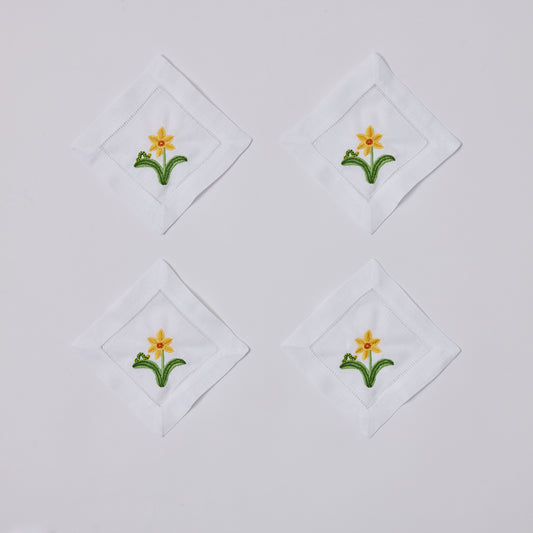 Daffodil & Inch Worm Embroidered Cocktail Napkins, Set of 4