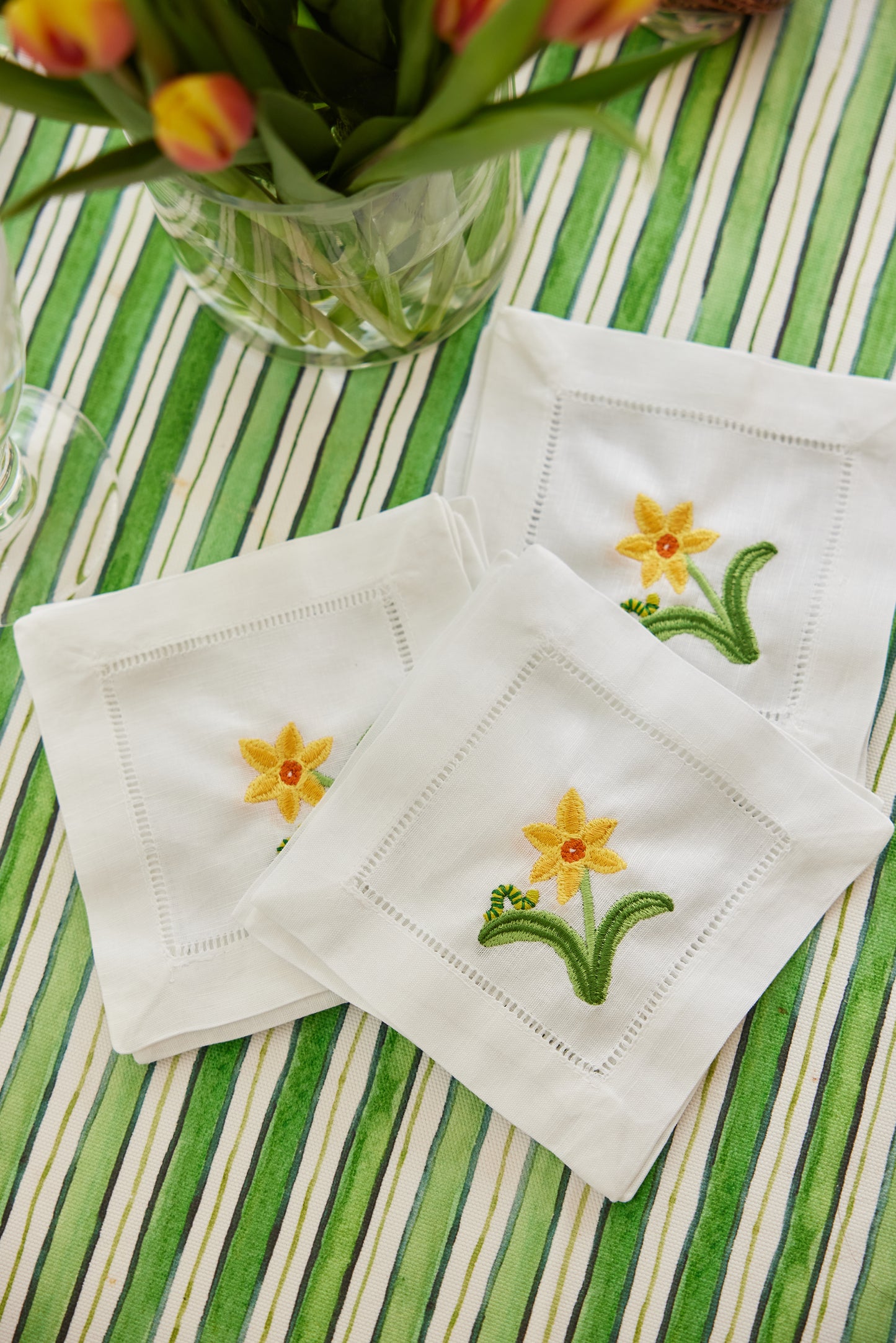 Daffodil & Inch Worm Embroidered Cocktail Napkins, Set of 4
